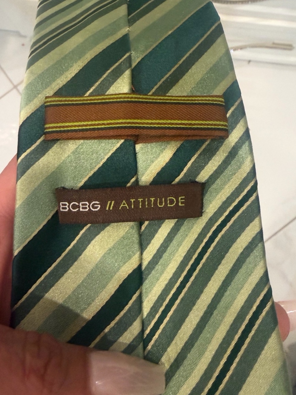 BCBG Attitude Green Striped Silk Tie